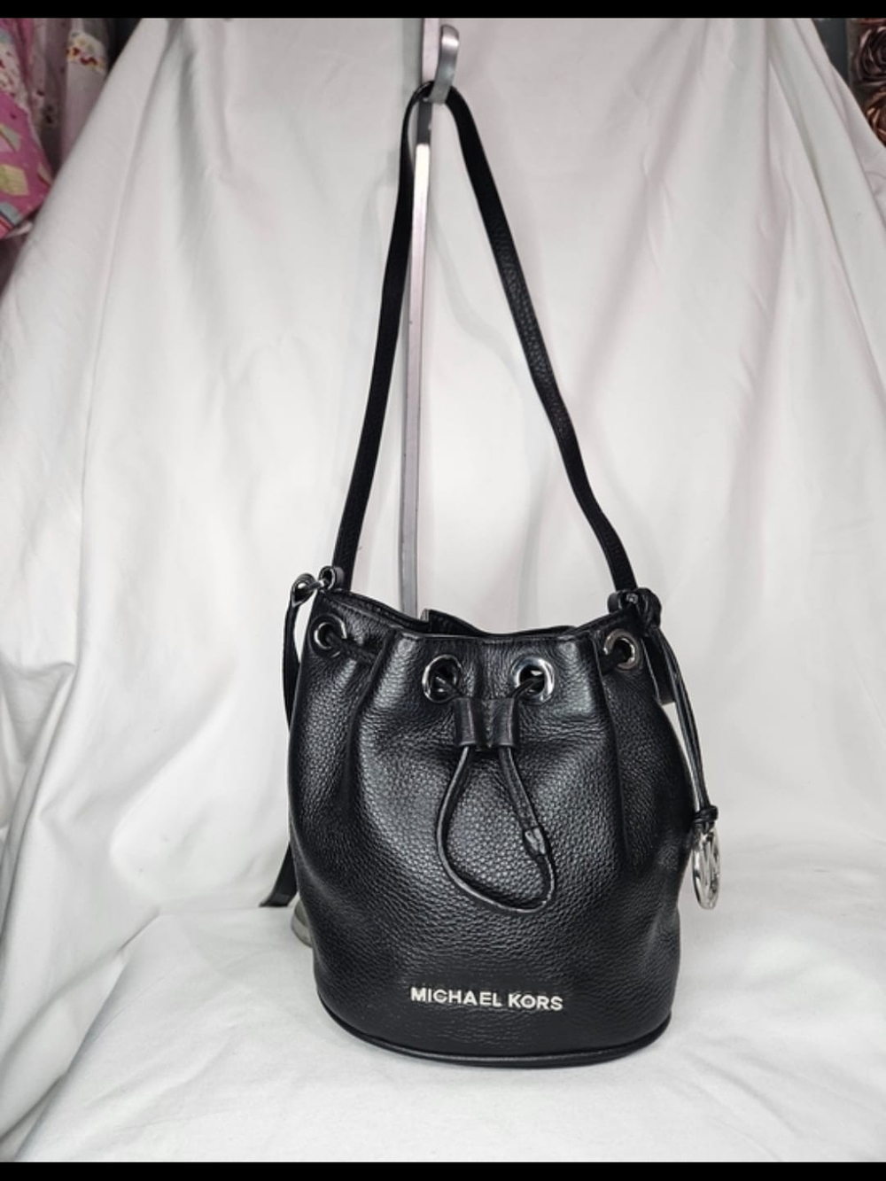 Michael Kors Black Pebbled Leather Drawstring Bucket Shoulder Bag